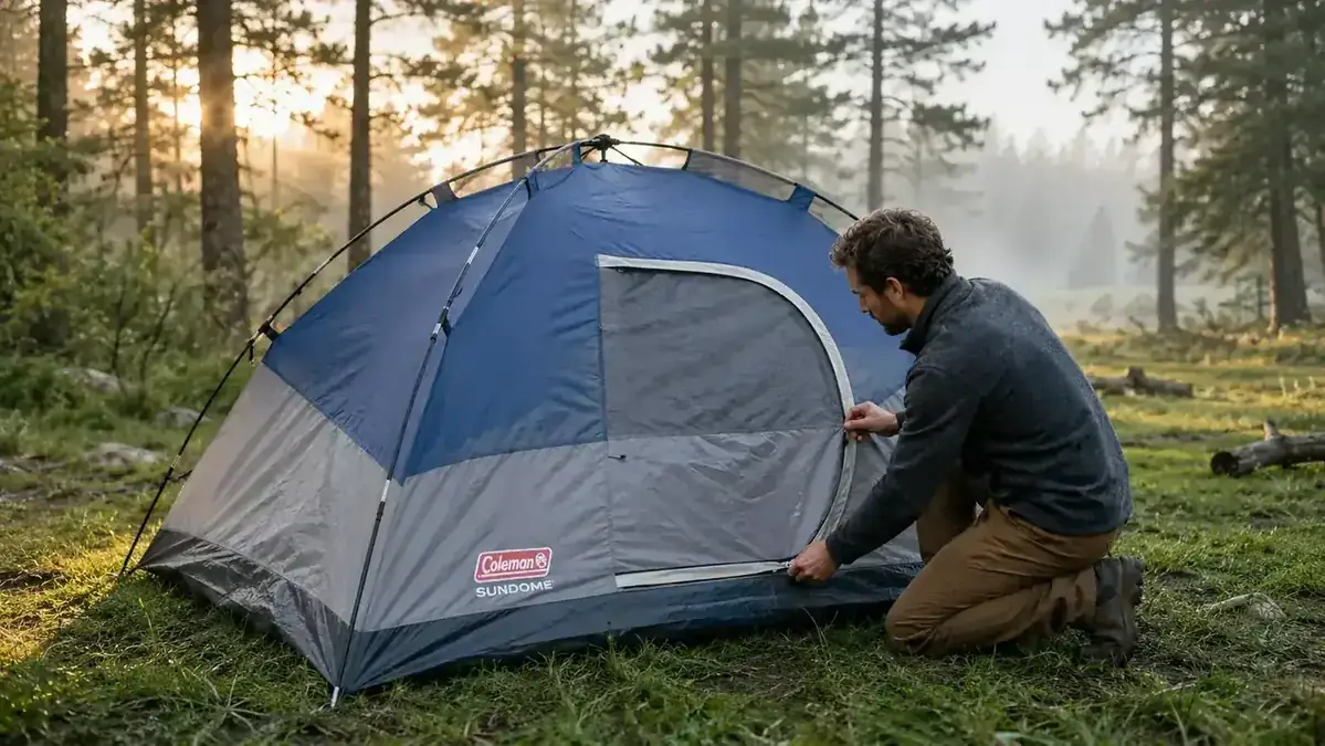 Hands threading a fiberglass pole through the corner sleeve of a Coleman Sundome tent
