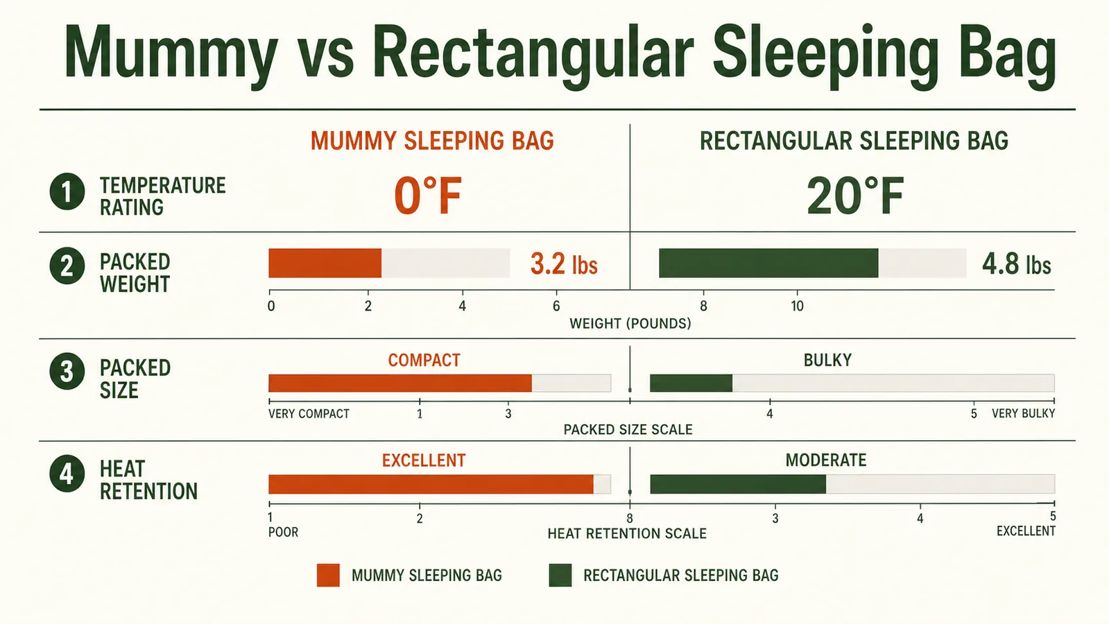 Side-by-side diagram comparing heat retention of a mummy bag versus a rectangular bag with cold air pockets visible