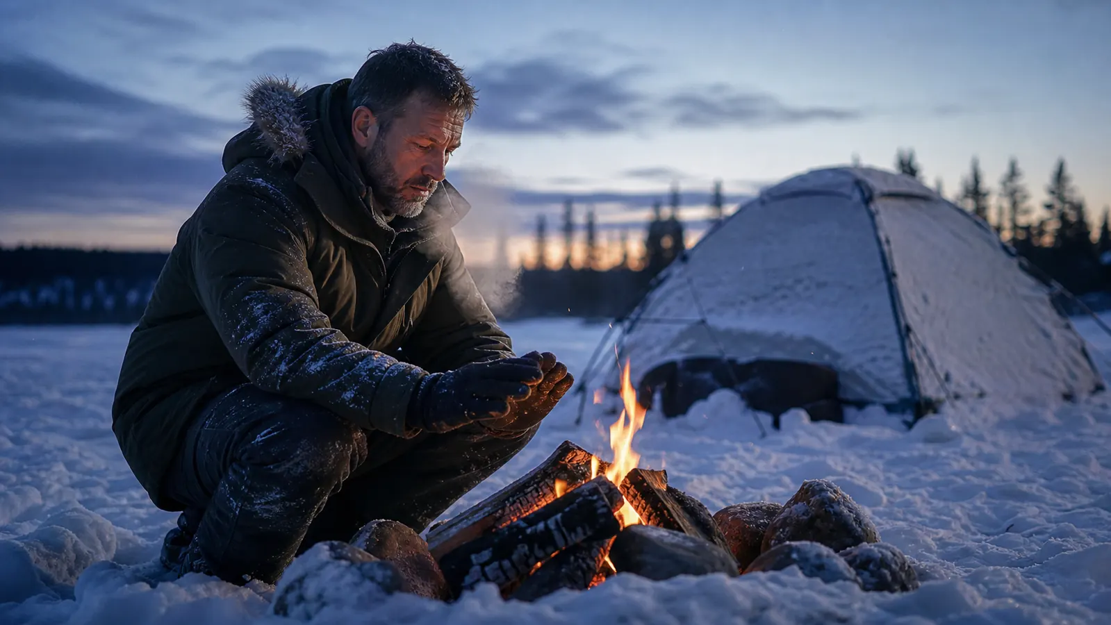 Thermometer mounted on a wooden post reading 12 degrees Fahrenheit at a winter trailhead