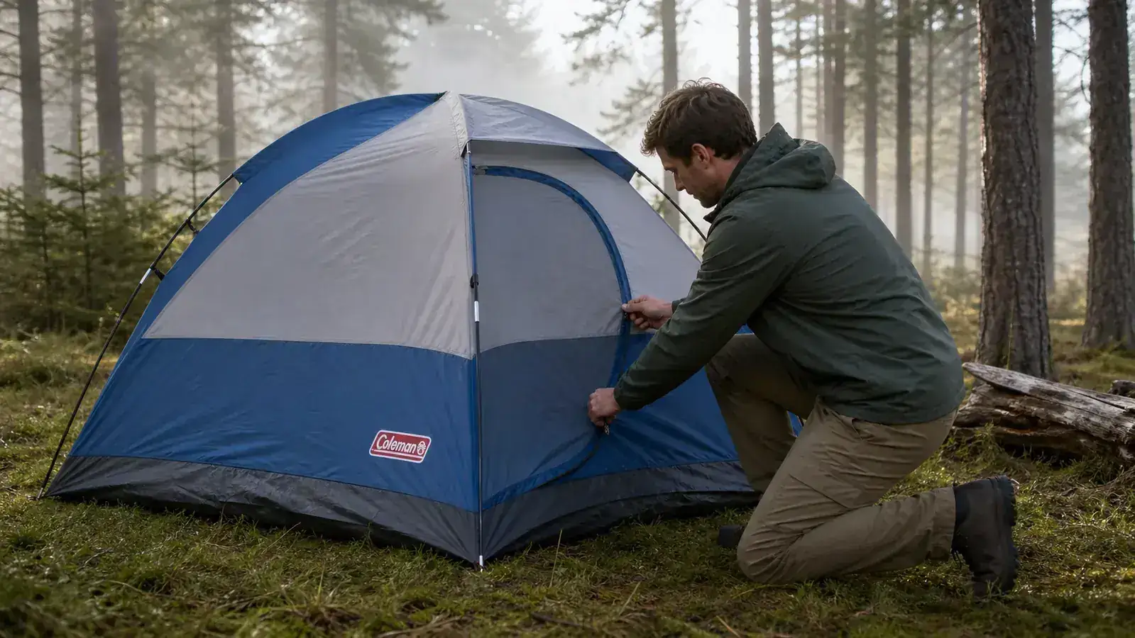 Hands threading a fiberglass tent pole through the corner sleeve of the Coleman Sundome, stake bag visible in background