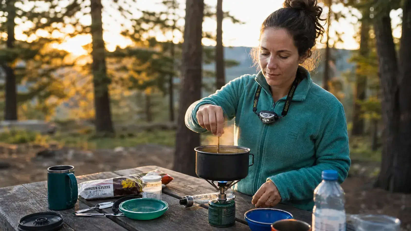 Camp stove with a windscreen improvised from aluminum foil set up beside a tent on a breezy ridgeline