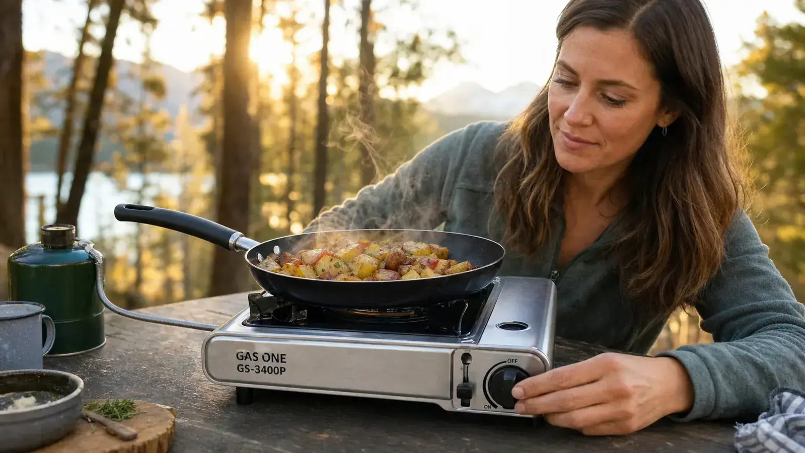 Gas One GS-3400P portable stove lit and ready to cook at a campsite