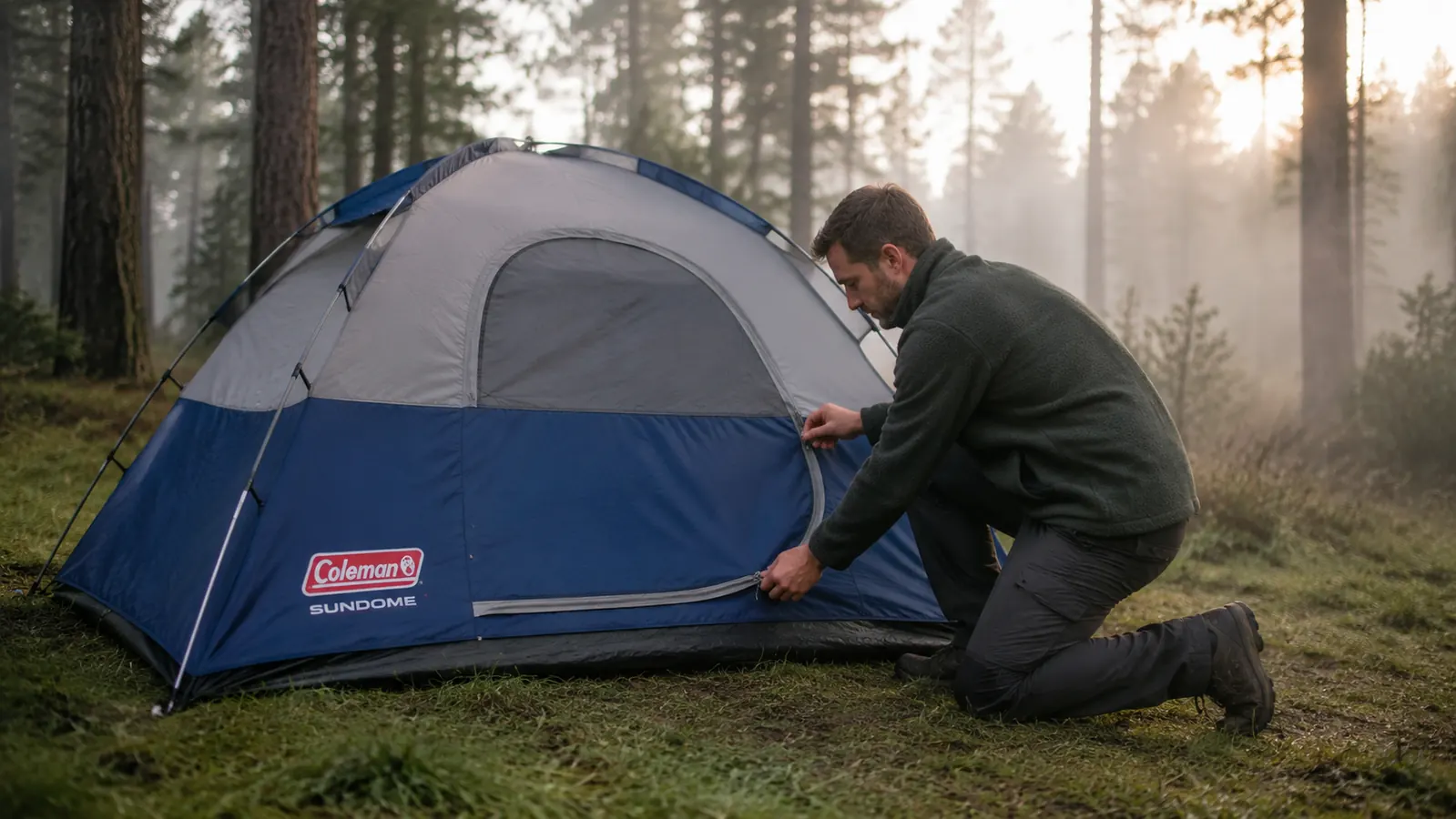 Hands threading a flexible tent pole through the pole sleeve of a Coleman Sundome tent