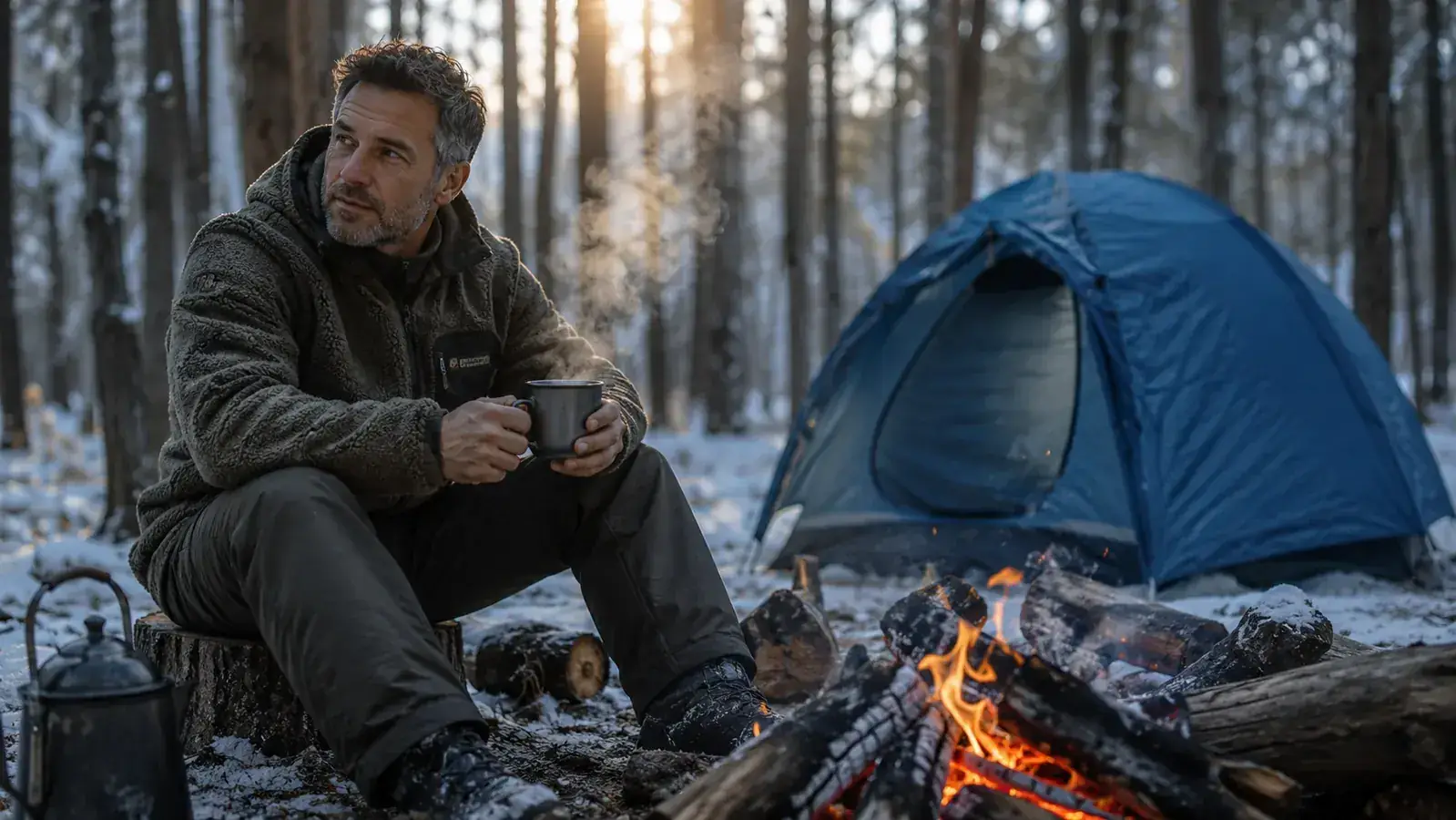 Camper eating a hot meal from a camp stove next to a glowing tent at dusk in a snowy clearing