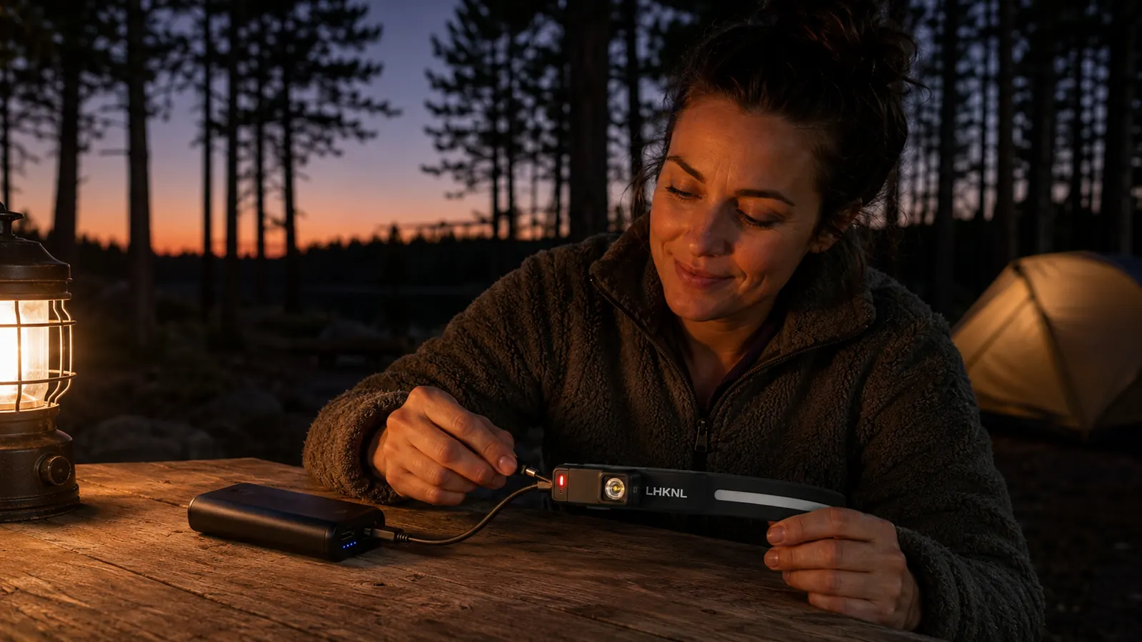 LHKNL rechargeable headlamp held in a hand against a dark campsite background