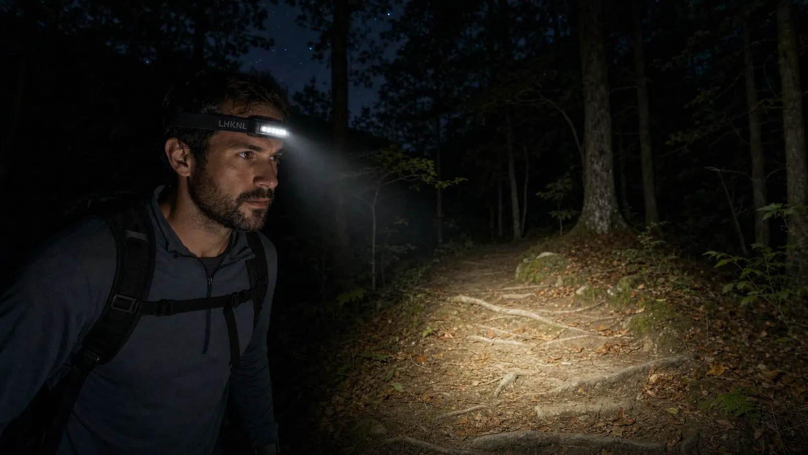 Hand holding the LHKNL rechargeable headlamp showing the USB charging port and LED panel