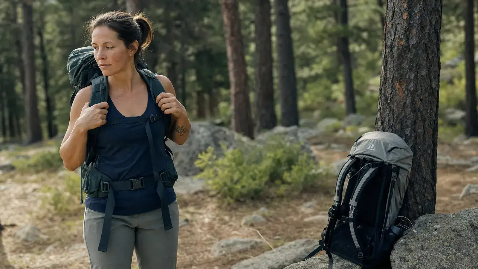 Close-up of a hiking backpack hip belt and lumbar pad on a trail